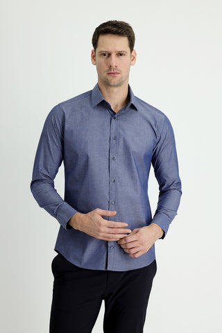  Koyu Lacivert Uzun Kol Slim Fit Dar Kesim Klasik Desenli Pamuk Gömlek