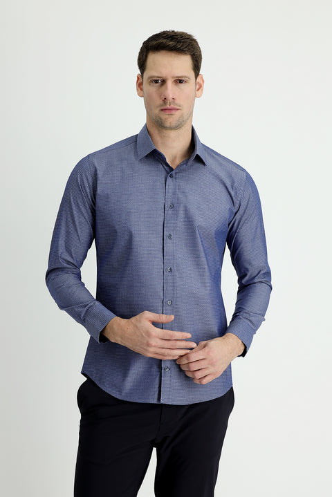 Koyu Lacivert Uzun Kol Slim Fit Dar Kesim Klasik Desenli Pamuk Gömlek