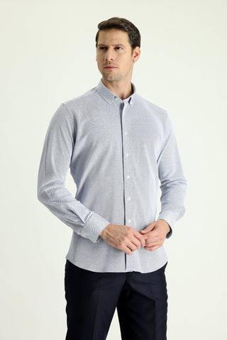  Koyu Mavi  Uzun Kol Slim Fit Dar Kesim Desenli Örme Pamuk Gömlek