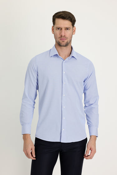 Açık Mavi Uzun Kol Slim Fit Dar Kesim Klasik Desenli Pamuklu Kolay Ütülenebilir Gömlek