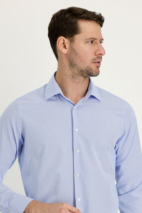 Açık Mavi Uzun Kol Slim Fit Dar Kesim Klasik Desenli Pamuklu Kolay Ütülenebilir Gömlek