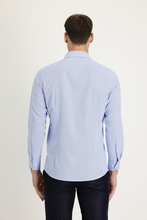 Açık Mavi Uzun Kol Slim Fit Dar Kesim Klasik Desenli Pamuklu Kolay Ütülenebilir Gömlek