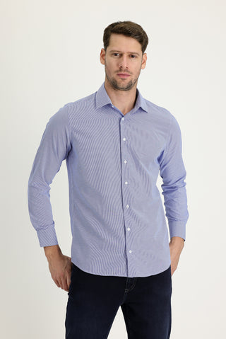  Koyu Mavi  Uzun Kol Slim Fit Dar Kesim Klasik Desenli Pamuklu Kolay Ütülenebilir Gömlek