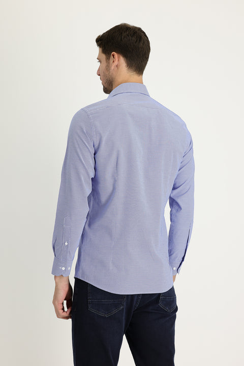 Koyu Mavi  Uzun Kol Slim Fit Dar Kesim Klasik Desenli Pamuklu Kolay Ütülenebilir Gömlek