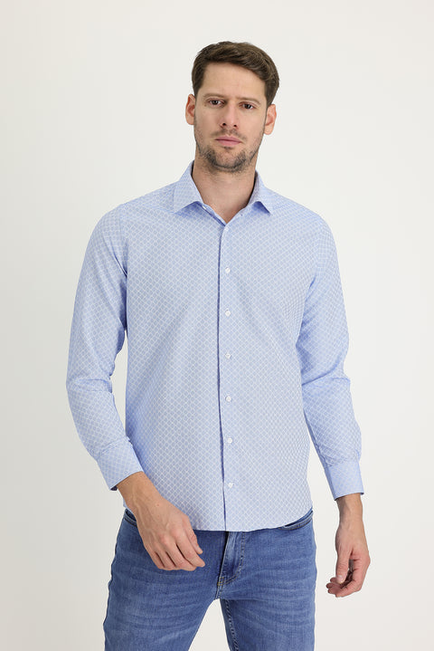 Açık Mavi Uzun Kol Slim Fit Dar Kesim Klasik Desenli Pamuklu Kolay Ütülenebilir Gömlek