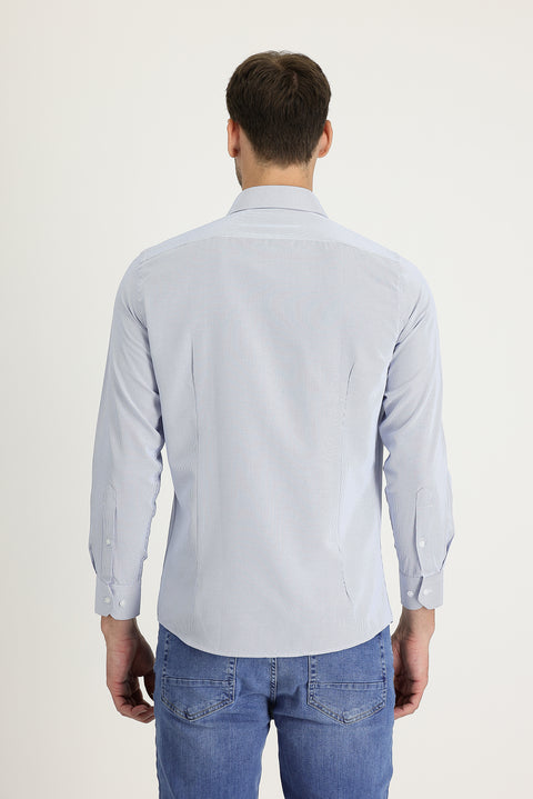 Açık Mavi Uzun Kol Slim Fit Dar Kesim Klasik Desenli Pamuklu Kolay Ütülenebilir Gömlek