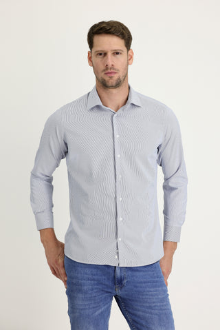  Koyu Mavi  Uzun Kol Slim Fit Dar Kesim Klasik Desenli Pamuklu Kolay Ütülenebilir Gömlek