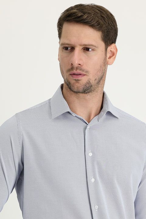 Koyu Mavi  Uzun Kol Slim Fit Dar Kesim Klasik Desenli Pamuklu Kolay Ütülenebilir Gömlek