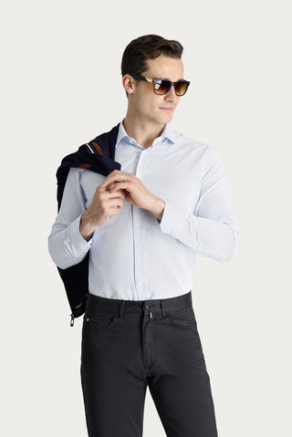  Açık Mavi Uzun Kol Slim Fit Dar Kesim Desenli Klasik Pamuklu Gömlek