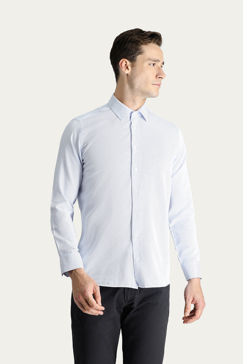 Açık Mavi Uzun Kol Slim Fit Dar Kesim Desenli Klasik Pamuklu Gömlek