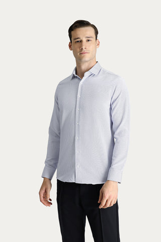  Koyu Mavi  Uzun Kol Slim Fit Dar Kesim Desenli Klasik Pamuklu Gömlek