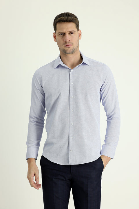 Açık Mavi Uzun Kol Slim Fit Dar Kesim Klasik Desenli Pamuklu Kolay Ütülenebilir Gömlek