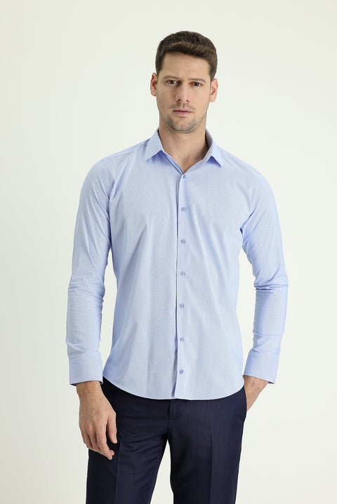 Açık Mavi Uzun Kol Slim Fit Dar Kesim Klasik Desenli Pamuklu Kolay Ütülenebilir Gömlek