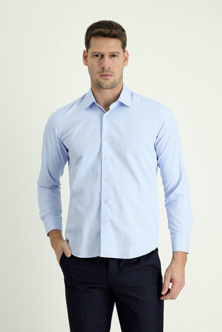  Açık Mavi Uzun Kol Slim Fit Dar Kesim Klasik Desenli Pamuklu Kolay Ütülenebilir Gömlek