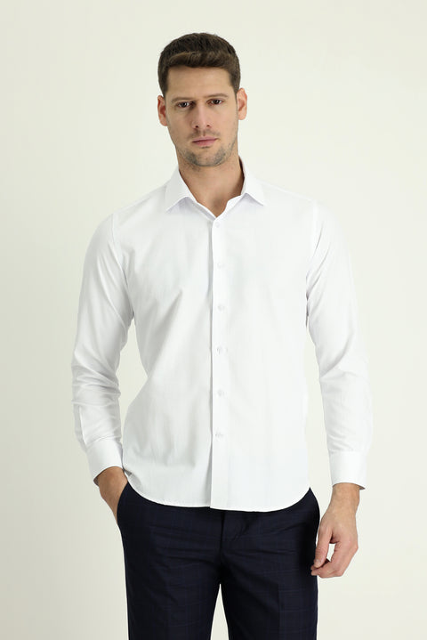 Beyaz Uzun Kol Slim Fit Dar Kesim Klasik Desenli Pamuklu Kolay Ütülenebilir Gömlek