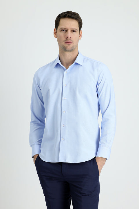Açık Mavi Uzun Kol Slim Fit Dar Kesim Klasik Desenli Pamuklu Kolay Ütülenebilir Gömlek
