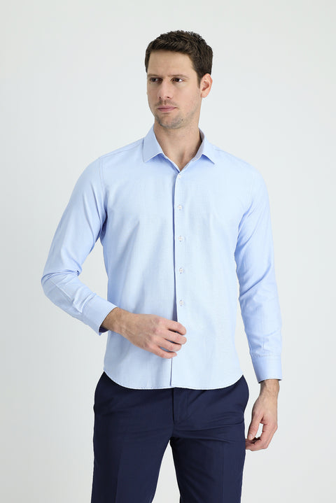 Açık Mavi Uzun Kol Slim Fit Dar Kesim Klasik Desenli Pamuklu Kolay Ütülenebilir Gömlek