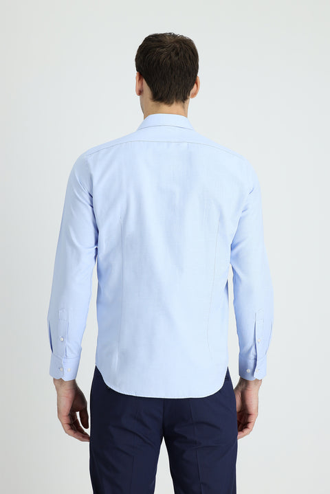 Açık Mavi Uzun Kol Slim Fit Dar Kesim Klasik Desenli Pamuklu Kolay Ütülenebilir Gömlek