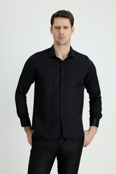 Koyu Lacivert Uzun Kol Slim Fit Dar Kesim Klasik Desenli Pamuklu Kolay Ütülenebilir Gömlek