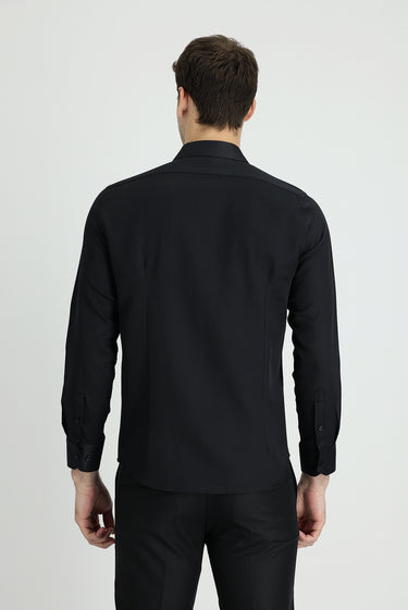 Koyu Lacivert Uzun Kol Slim Fit Dar Kesim Klasik Desenli Pamuklu Kolay Ütülenebilir Gömlek