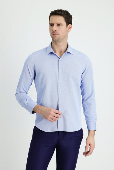 Koyu Mavi  Uzun Kol Slim Fit Dar Kesim Klasik Desenli Pamuklu Kolay Ütülenebilir Gömlek