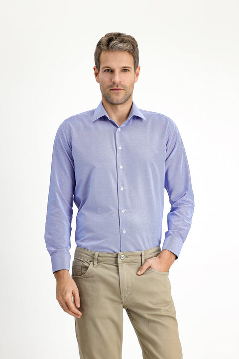 Dark Blue Long Sleeve Slim Fit Narrow Cut Classic Patterned Cotton Easy Iron Shirt