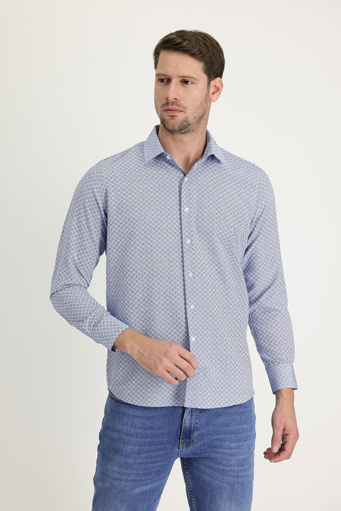 Orta Lacivert Uzun Kol Slim Fit Dar Kesim Klasik Desenli Pamuklu Kolay Ütülenebilir Gömlek