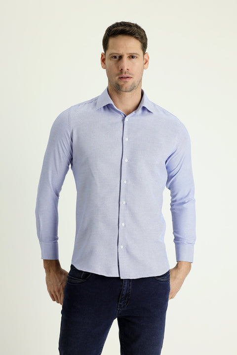 Blue Long Sleeve Slim Fit Narrow Cut Classic Patterned Cotton Easy Iron Shirt