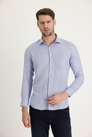  Mavi Uzun Kol Slim Fit Dar Kesim Klasik Desenli Pamuklu Kolay Ütülenebilir Gömlek