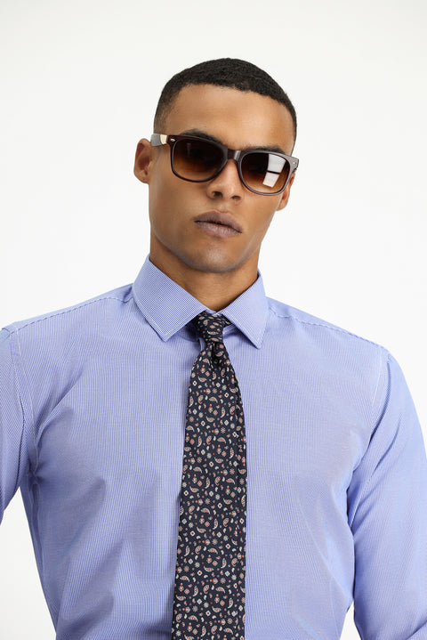 Saks Mavi Uzun Kol Slim Fit Dar Kesim Klasik Desenli Pamuklu Kolay Ütülenebilir Gömlek