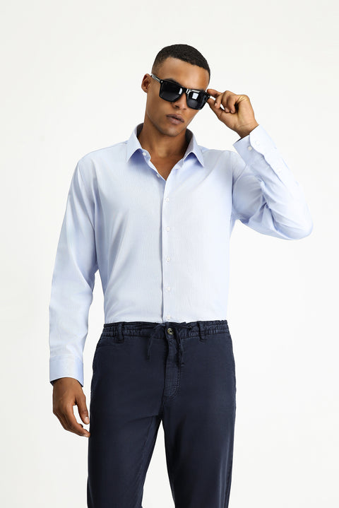 Açık Mavi Uzun Kol Slim Fit Dar Kesim Klasik Desenli Pamuklu Kolay Ütülenebilir Gömlek