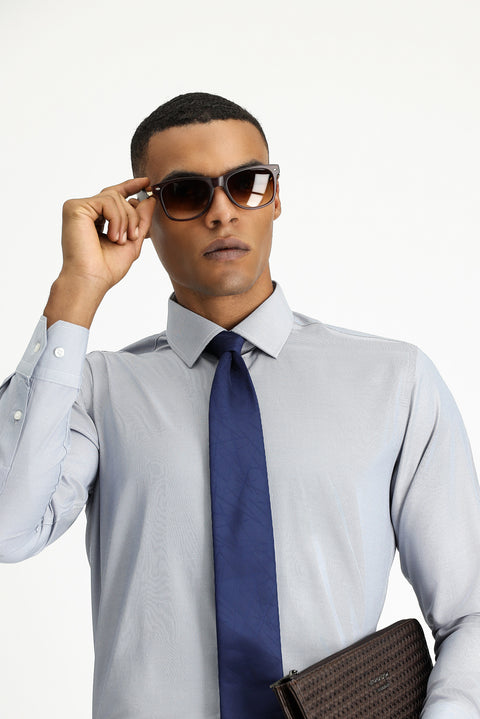 Koyu Lacivert Uzun Kol Slim Fit Klasik Yaka Pamuklu Kolay Ütülenebilir Desenli Gömlek