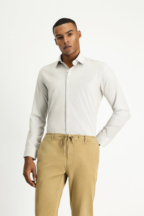 Orta Bej Uzun Kol Slim Fit Klasik Yaka Pamuklu Kolay Ütülenebilir Desenli Gömlek