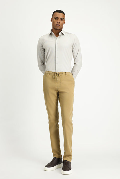 Orta Bej Uzun Kol Slim Fit Klasik Yaka Pamuklu Kolay Ütülenebilir Desenli Gömlek