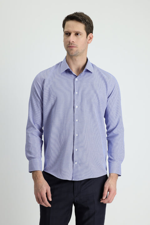 Orta Lacivert Uzun Kol Slim Fit Dar Kesim Klasik Desenli Pamuklu Kolay Ütülenebilir Gömlek