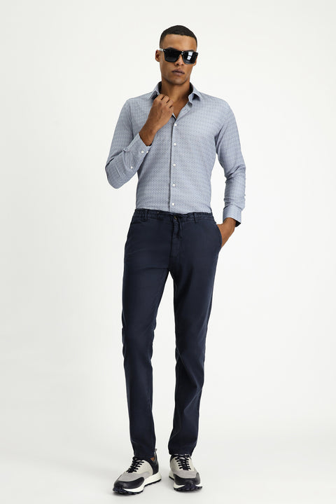 Orta Lacivert Uzun Kol Slim Fit Dar Kesim Desenli Klasik Pamuklu Kolay Ütülenebilir Gömlek