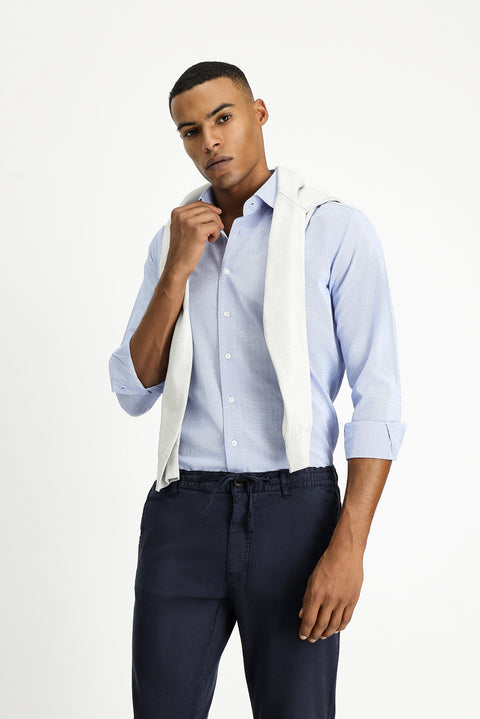 Açık Mavi Uzun Kol Slim Fit Dar Kesim Desenli Klasik Pamuklu Kolay Ütülenebilir Gömlek