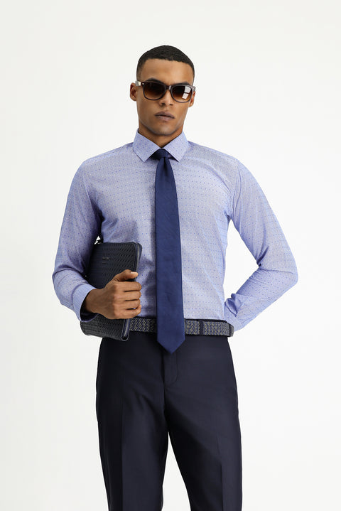 Saks Mavi Uzun Kol Slim Fit Dar Kesim Desenli Klasik Pamuklu Kolay Ütülenebilir Gömlek