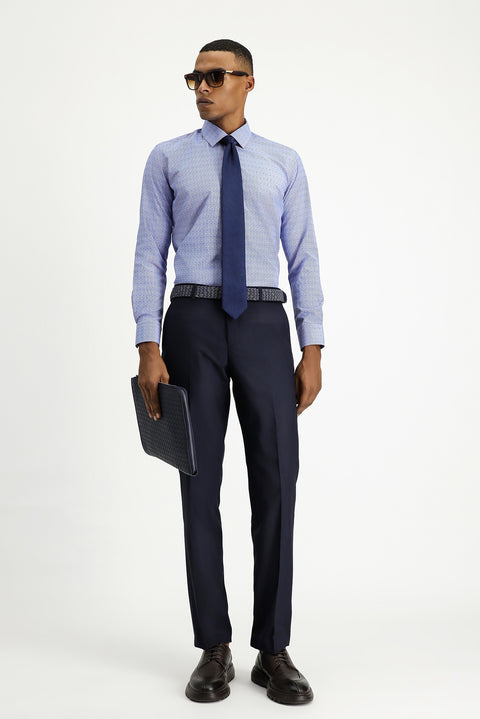 Saks Mavi Uzun Kol Slim Fit Dar Kesim Desenli Klasik Pamuklu Kolay Ütülenebilir Gömlek