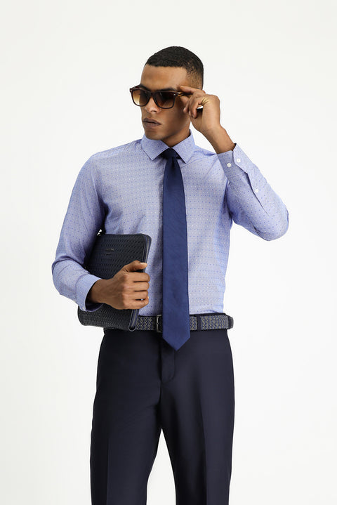 Saks Mavi Uzun Kol Slim Fit Dar Kesim Desenli Klasik Pamuklu Kolay Ütülenebilir Gömlek