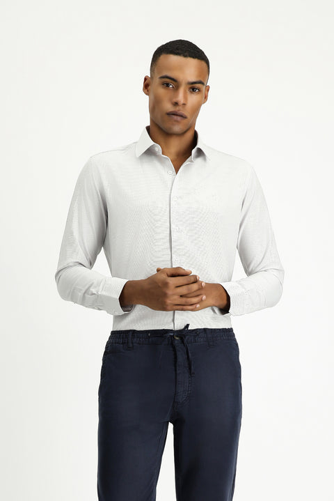 Orta Gri Uzun Kol Slim Fit Klasik Yaka Pamuklu Kolay Ütülenebilir Desenli Gömlek