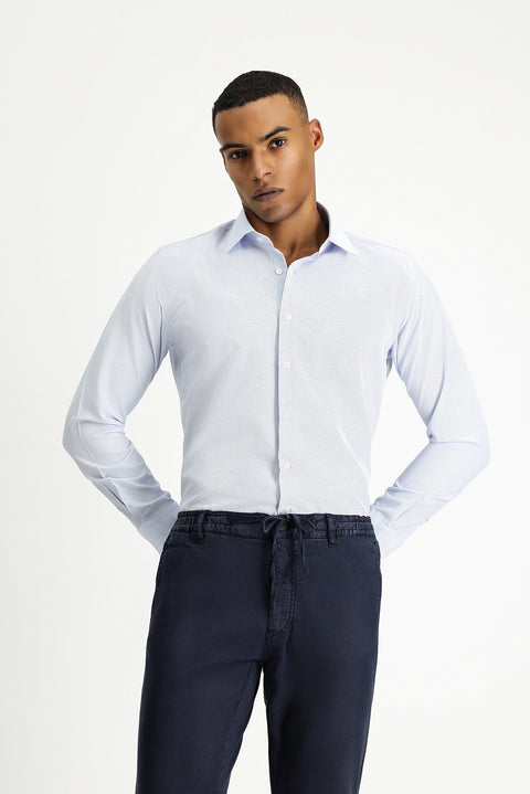 Açık Mavi Uzun Kol Slim Fit Klasik Yaka Pamuklu Kolay Ütülenebilir Desenli Gömlek