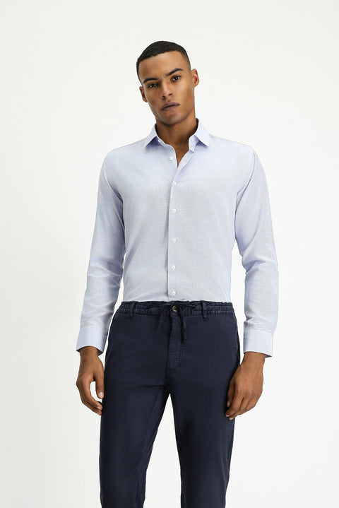 Koyu Mavi  Uzun Kol Slim Fit Klasik Yaka Pamuklu Kolay Ütülenebilir Desenli Gömlek