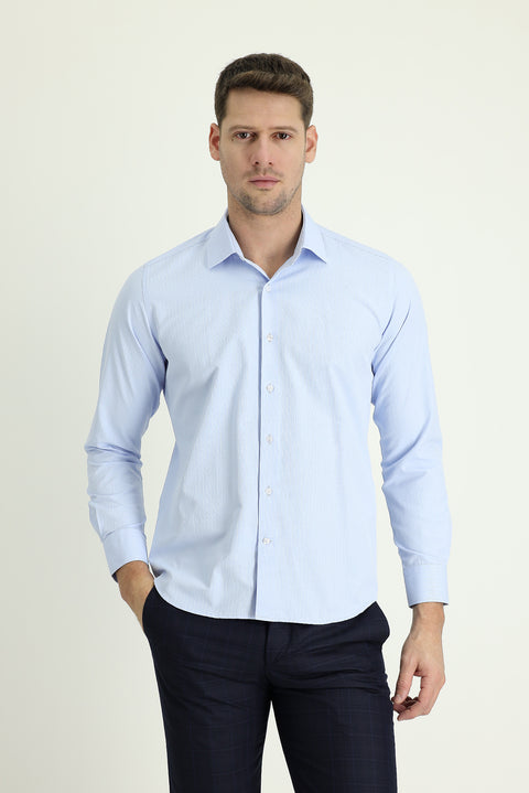 Light Blue Long Sleeve Slim Fit Narrow Cut Classic Patterned Cotton Easy Iron Shirt