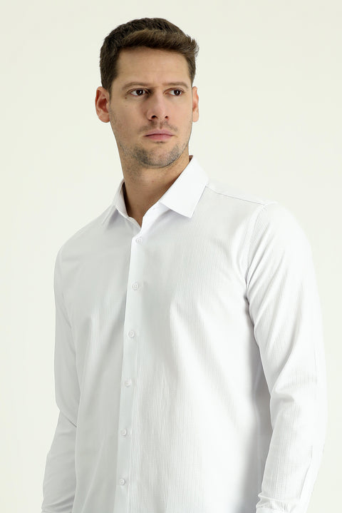 White Long Sleeve Slim Fit Narrow Cut Classic Patterned Cotton Easy Iron Shirt