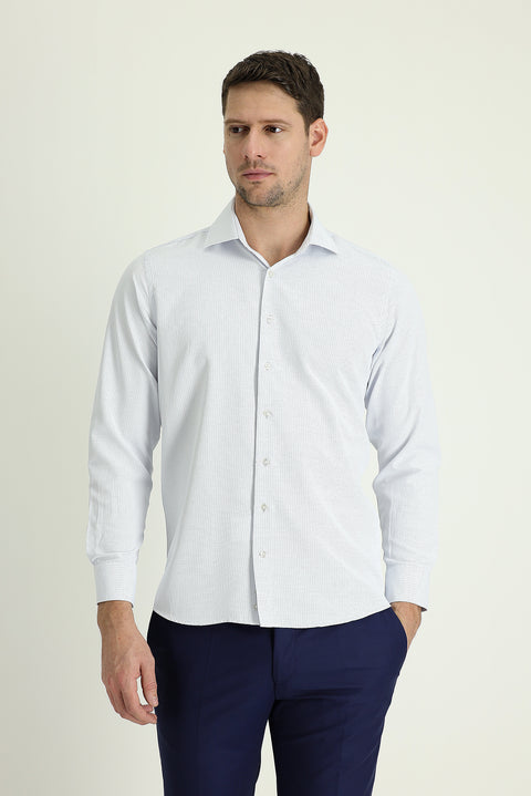 Uçuk Mavi Uzun Kol Slim Fit Dar Kesim Desenli Pamuklu Kolay Ütülenebilir Gömlek