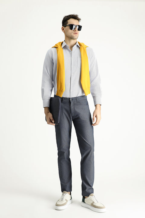 Koyu Mavi  Uzun Kol Klasik Desenli Pamuklu Gömlek