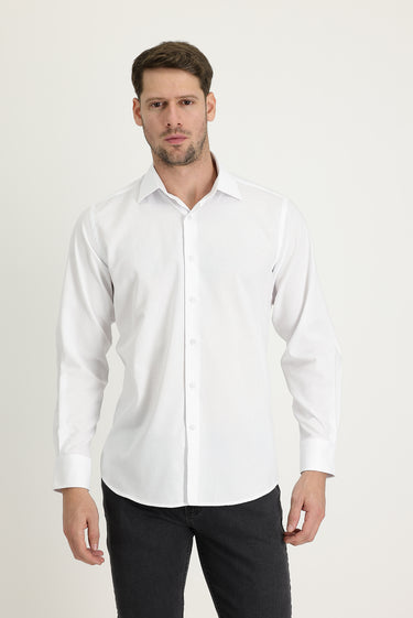 Beyaz Uzun Kol Klasik Desenli Pamuklu Kolay Ütülenebilir Gömlek