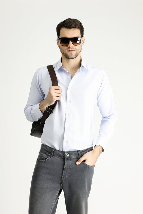 Uçuk Mavi Uzun Kol Klasik Desenli Pamuklu Gömlek