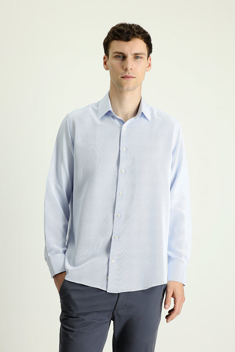 Uçuk Mavi Uzun Kol Klasik Desenli Pamuklu Kolay Ütülenebilir Gömlek